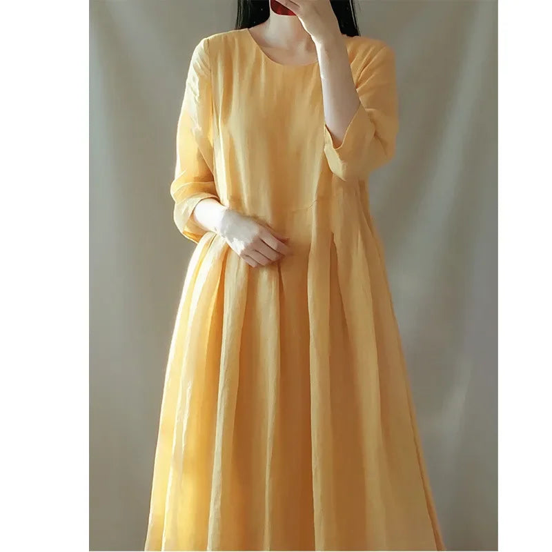 In-stock Korean Lightweight Elegant Dress Artistic Vintage Loose-fit Travel Vacation Long Dress Cotton Linen Women's Clothing