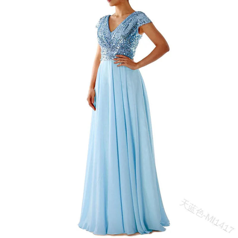 Elegant Sequins Chiffon Dress for Women V Neck Pleated Hem Female Sequins Chiffon Prom Cocktail Long Dress Wedding Evening Dress
