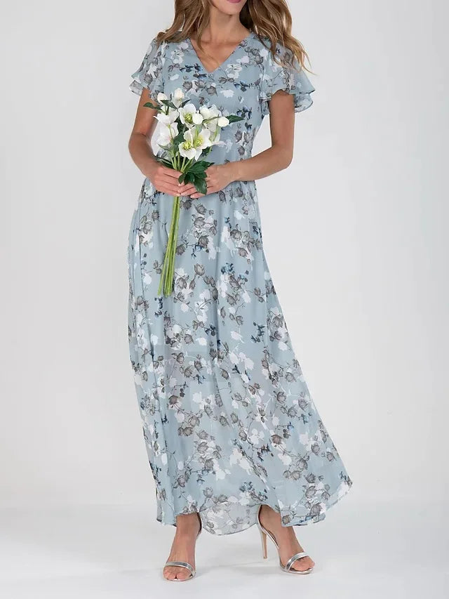 Beach Holiday Chiffon Midi Dress Women Fashion V-neck Short Sleeve Dresses For Women 2024 Summer Floral Print Long Dress Ladies