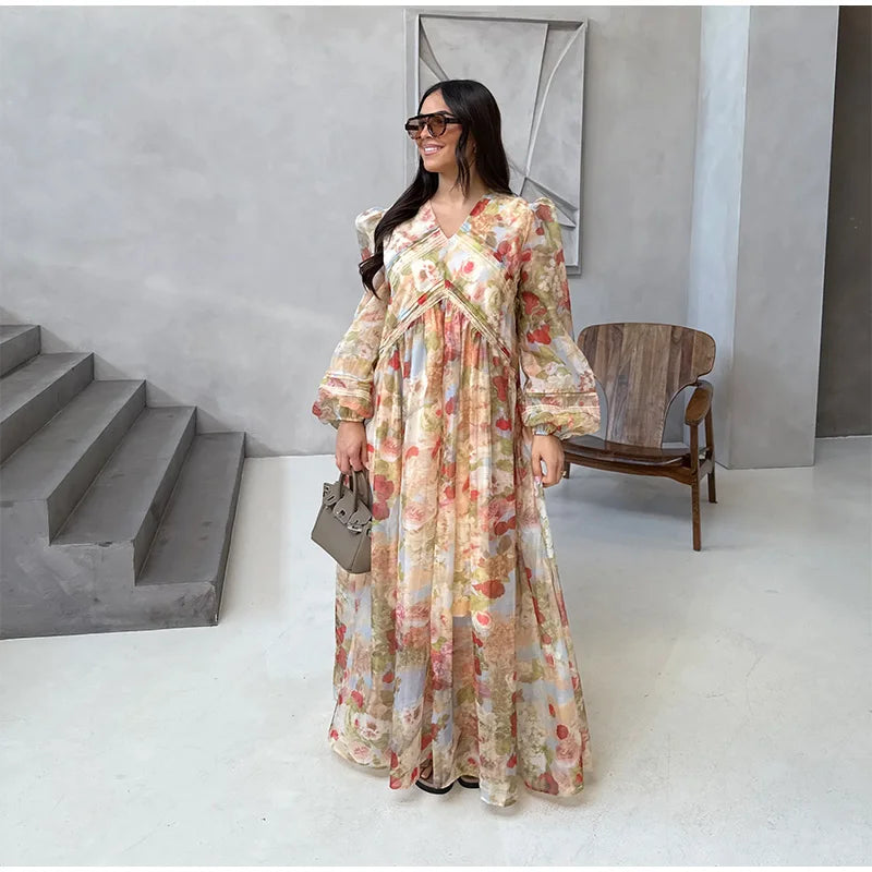 Fashion Print V-neck Women's Maxi Dresses Elegant Pleated Long Sleeve Loose Long Dress Female Summer Chic Casual Holiday Party