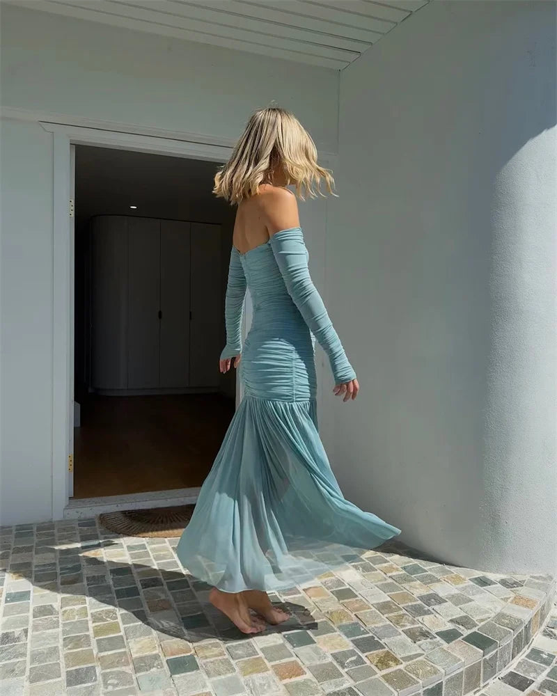Mozision Off-shoulder Strapless Sexy Maxi Dress Women Summer New Patchwork Backless Long Sleeve Pleated Long Dress Elegant