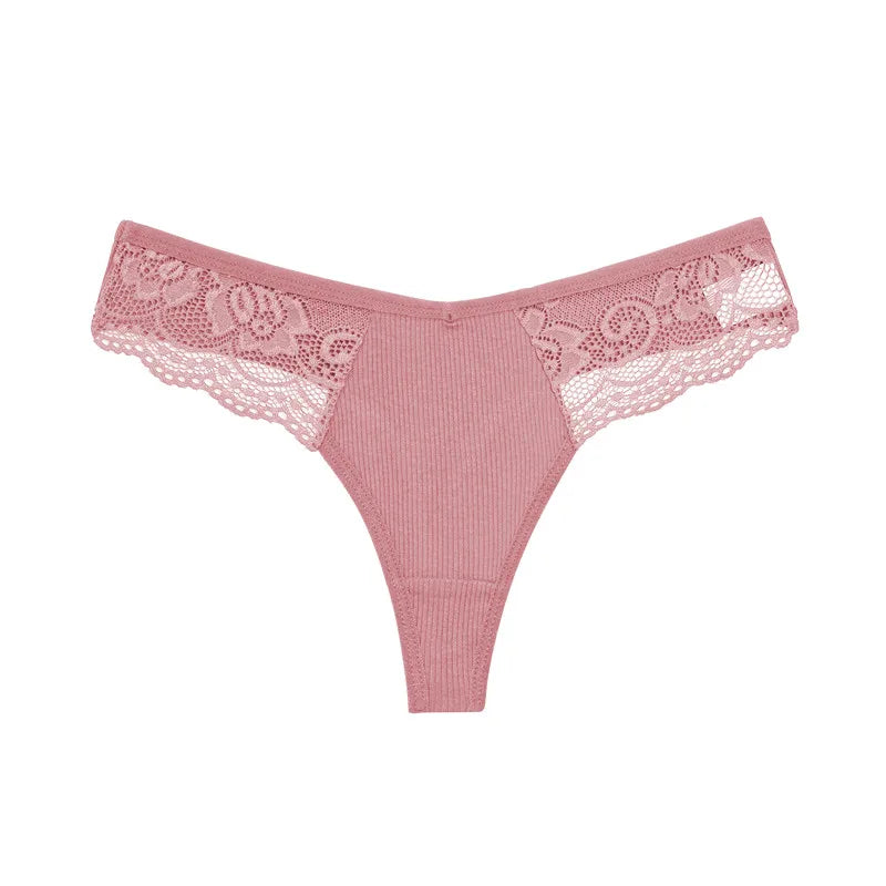 FINETOO 8Pcs Women's Cotton Underwear Lace Thongs Sexy Solid Color Low Waist Bikini Panties Ladies Breathable G-string Lingerie