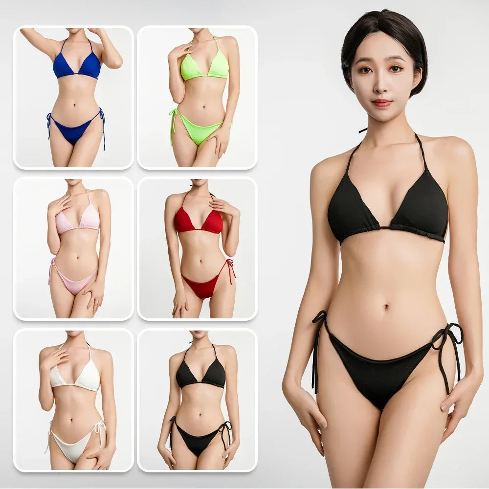 Women Two Pieces Padded Bikini Set Sexy Bra Side Tie Thong Swimsuit Three-point Bandage Brazilian Style Swimwear Biquinis