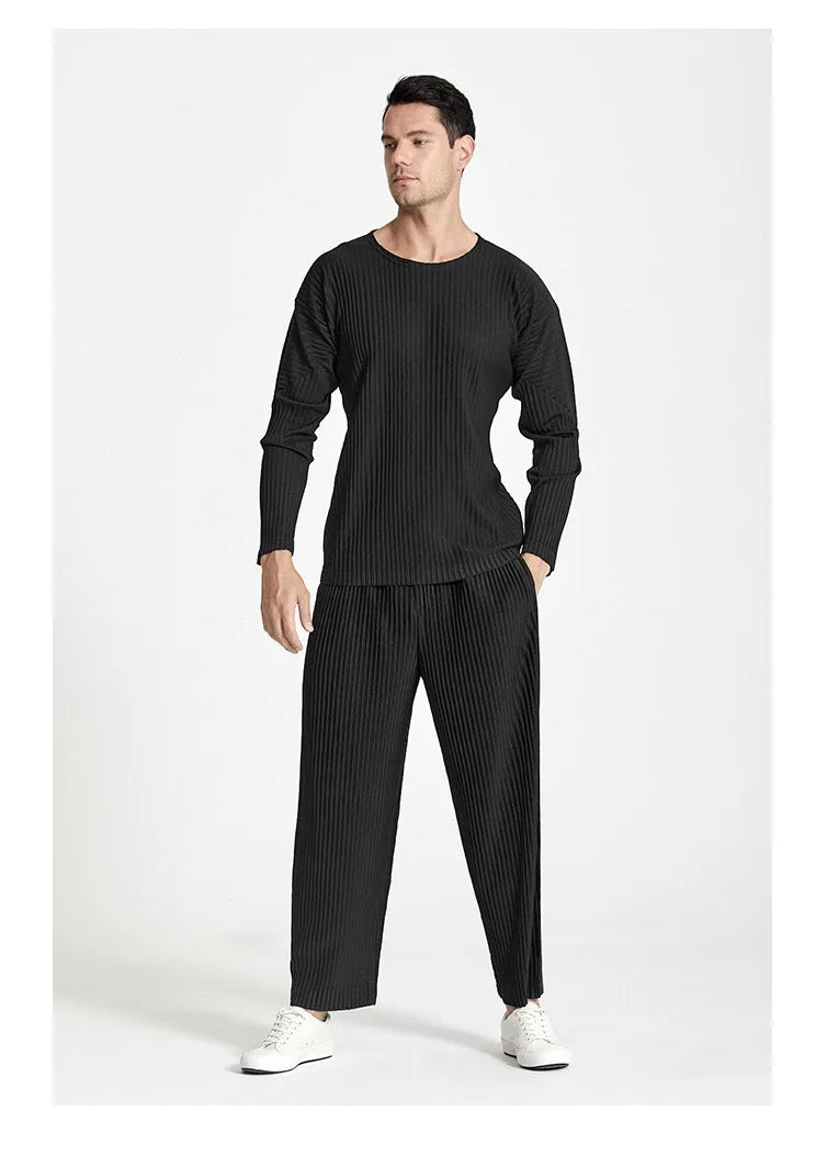 Pleats Original Pleated T-shirt 2024 Spring And Summer New Long-sleeved Round Neck Men's Tops Round Neck T-shirt Casual Clothing