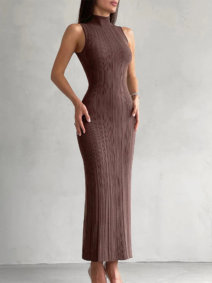 Sexy Women's Knitted Dress 2024 Spring Summer Maxi Turtleneck Sleeveless Sheath Long Dress Slim Party Bodycon Dresses for Women