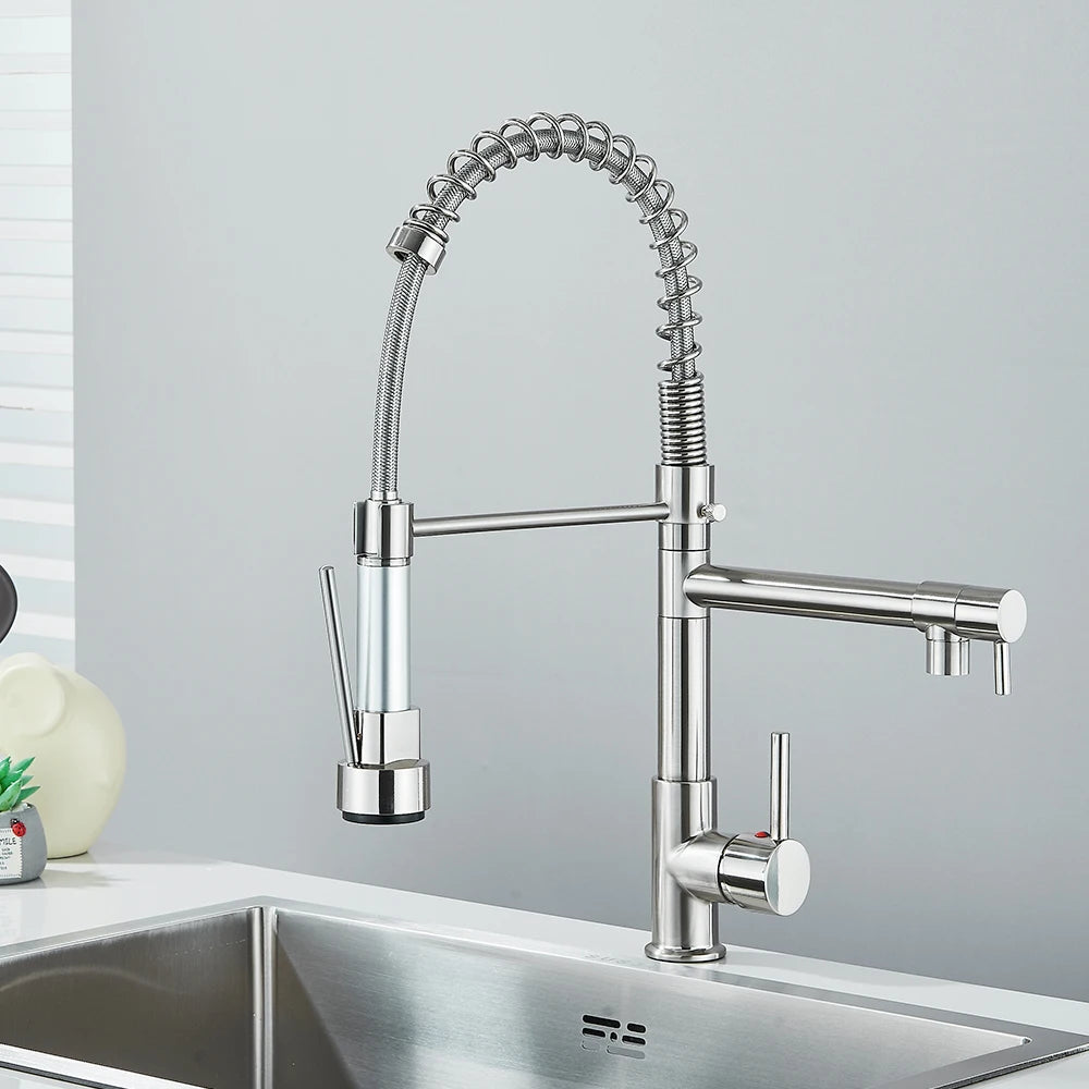 Black Pull Down Kitchen Sink Faucet Hot Cold Water Mixer Crane Tap with Dual Spout 360 Rotation High Faucet Deck Mounted