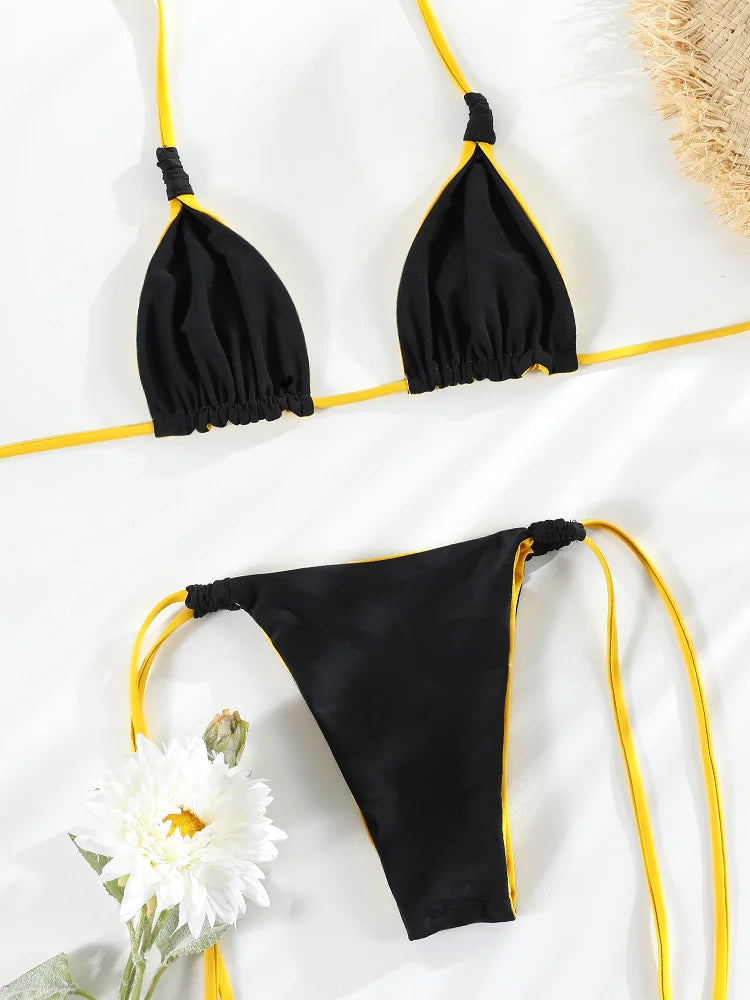 Solid Color Bikini Set Triangle Bikinis Swimsuit Women Bandage Swimwear Micro Thong Biquini Sexy Bathing Suit