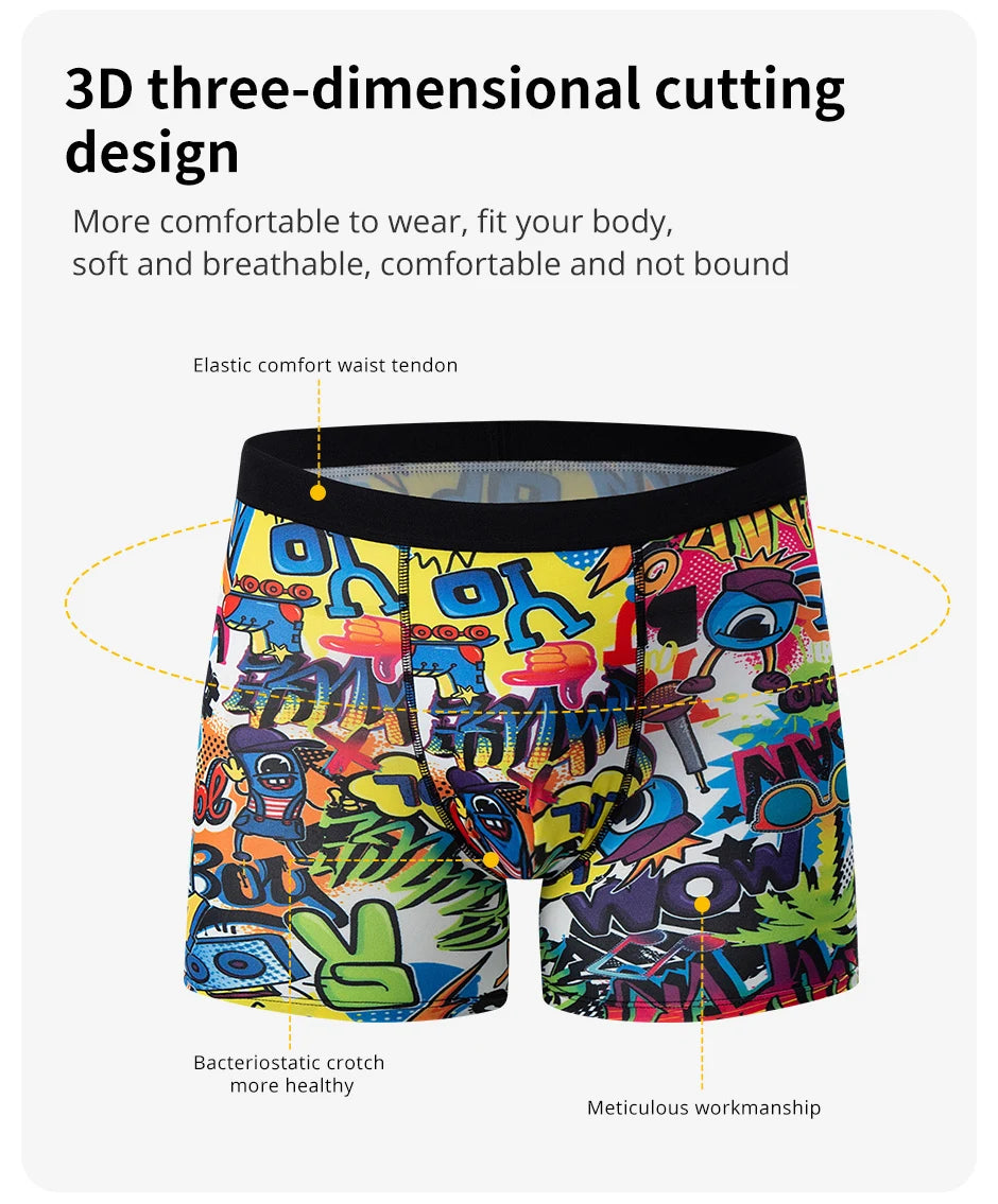 6 Pcs Parent-child Fashion Printed Underwear Men's Multi-size Long Boyshort Teenagers Comfortable And Versatile Elastic Waist S