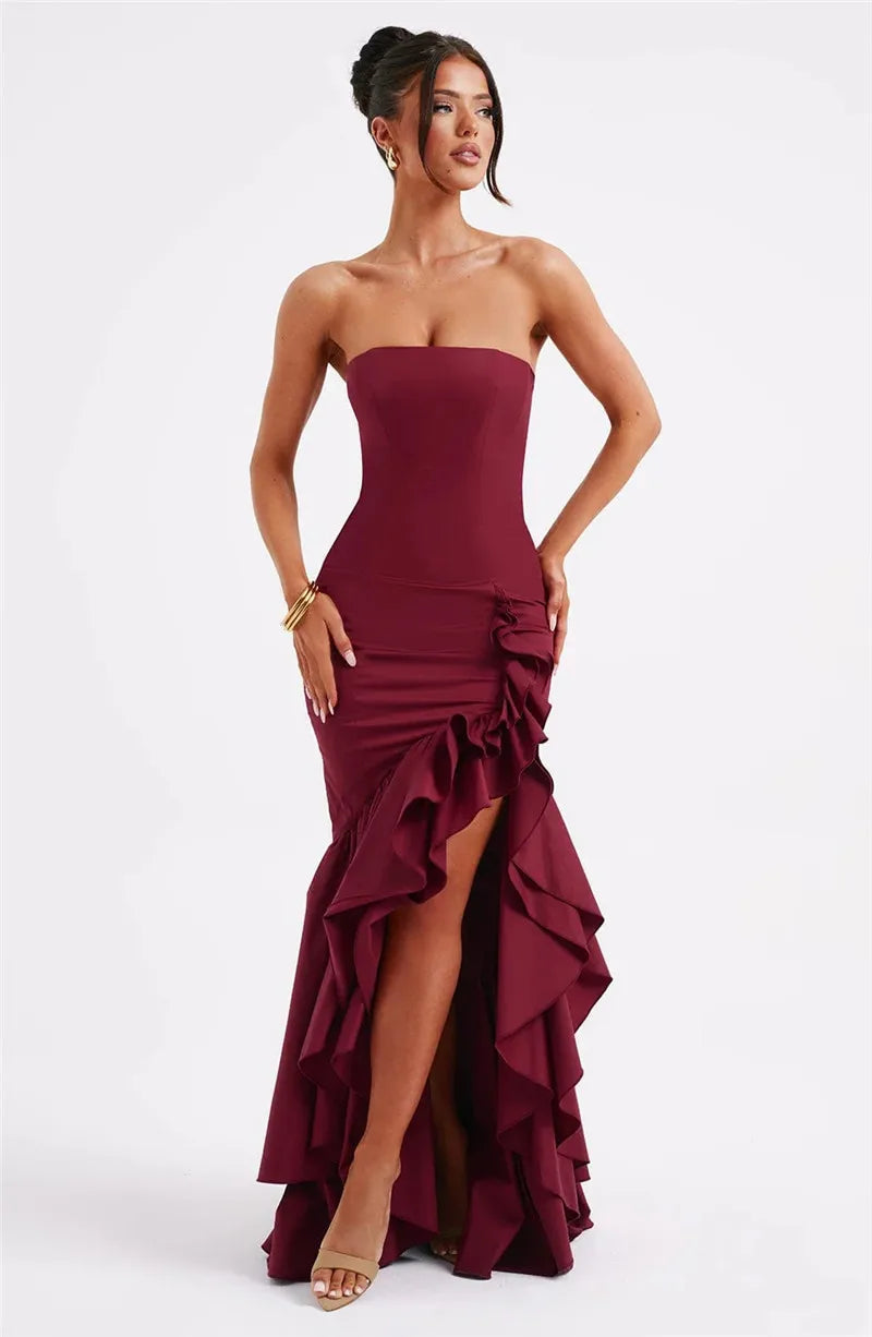 Mozision Strapless High Split Ruffle Long Dress For Women Fashion Off-shoulder Backless Sleeveless Bodycon Club Party Sexy Dress