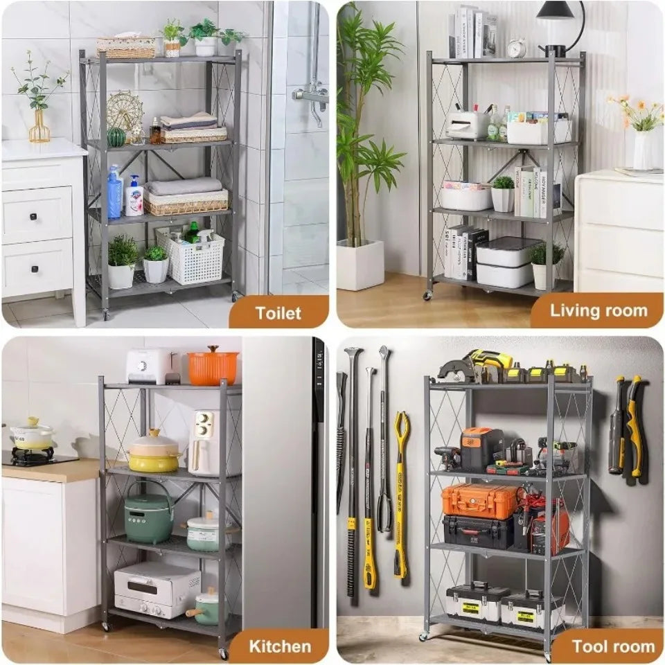 Foldable Metal Storage Rack Multifunctional Living Room Shelf Multilayer Installation Free Kitchen Organizer Trolley Bookshelf