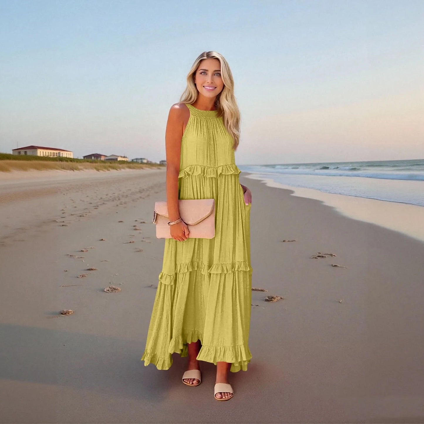 Women's Ruffled hem layered long dresses Summer Sleeveless backless dress Fashion Long Dress Big Swing Beach Dress vestidos
