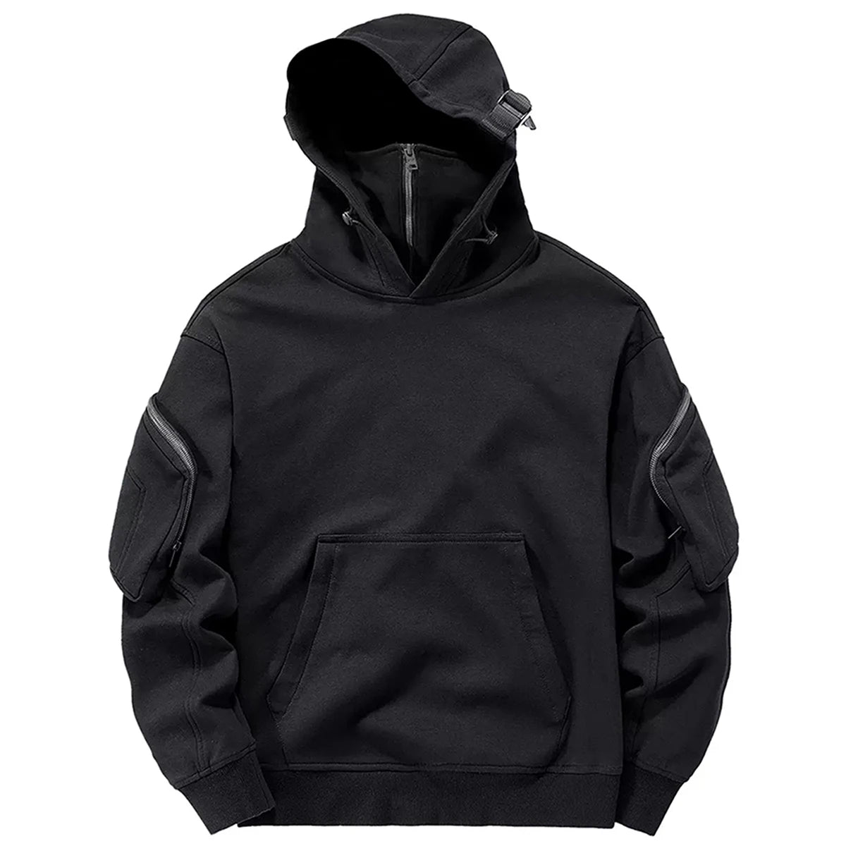 Streetwear Hoodies Harajuku Y2K Hip Hop Sweatshirts High Neck Mask Windproof Pullovers Dark Black Techwear Cargo Tops