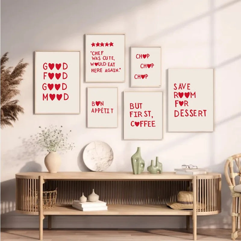 Aesthetic Kitchen Alphabet Wall Art Red Love Phrase Cute Cooking Poster New Wave Simple Canvas Painting Home Kitchen Decoration