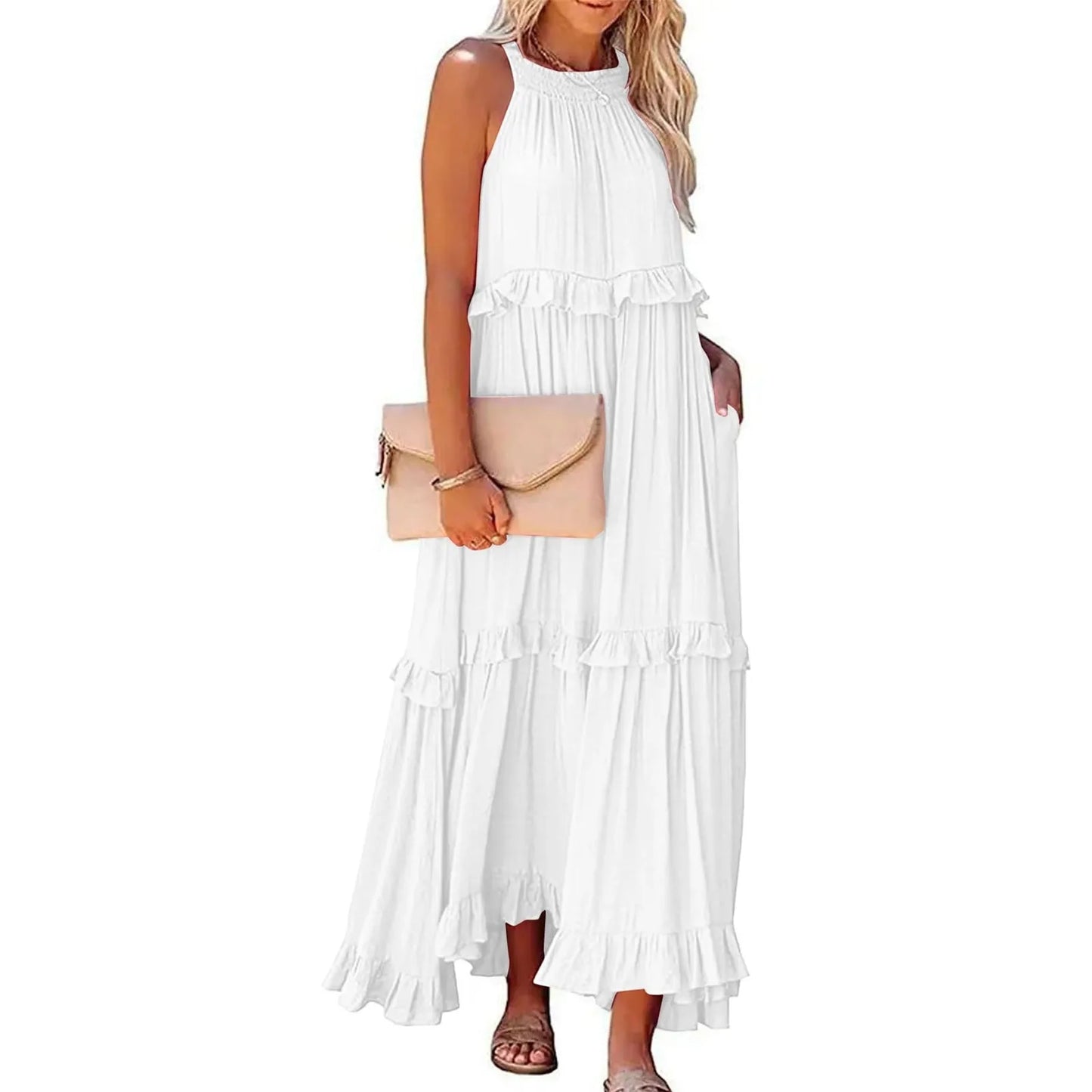 Women's Ruffled hem layered long dresses Summer Sleeveless backless dress Fashion Long Dress Big Swing Beach Dress vestidos