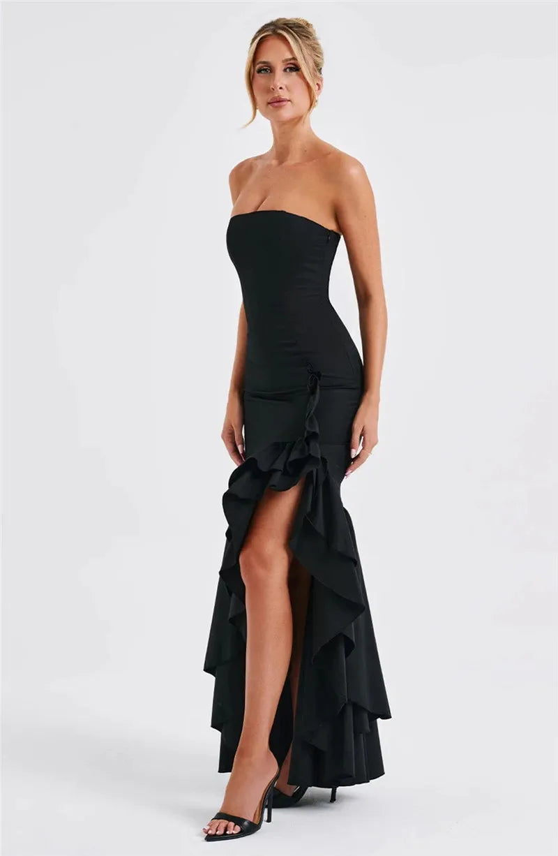 Mozision Strapless High Split Ruffle Long Dress For Women Fashion Off-shoulder Backless Sleeveless Bodycon Club Party Sexy Dress
