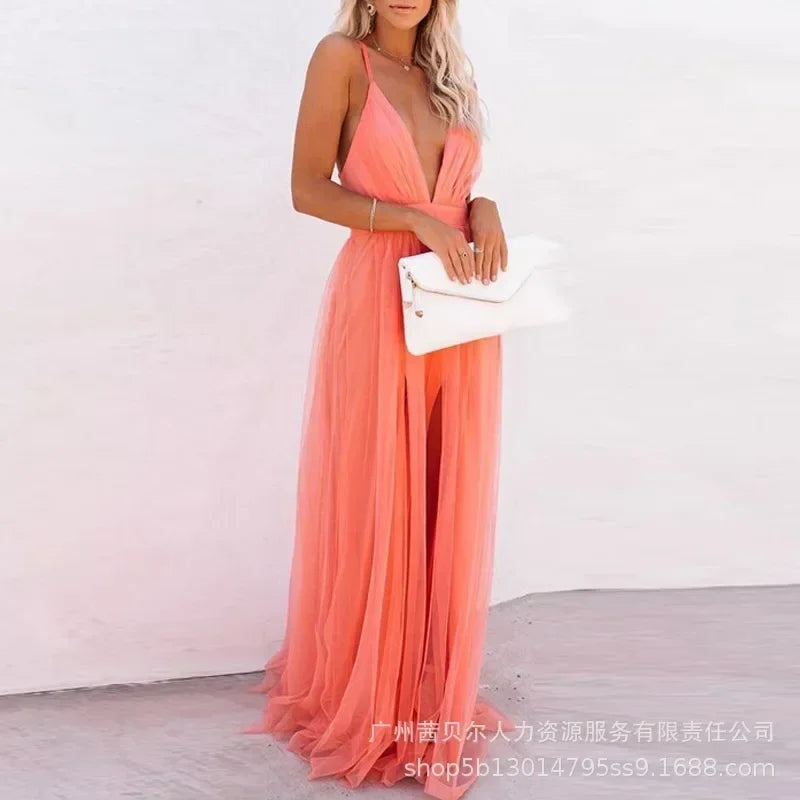 Women's Evening Party High Waist Floor Length Sexy Dress Orange Sleeveless Backless Gauze Long Dress