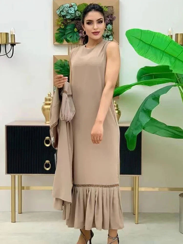 Muslim Women Hijab Dress 2 Piece Set Eid Lantern Sleeve Maxi Long Dress Islamic Clothing Caftan Kimono Big Swing Abaya Dresses