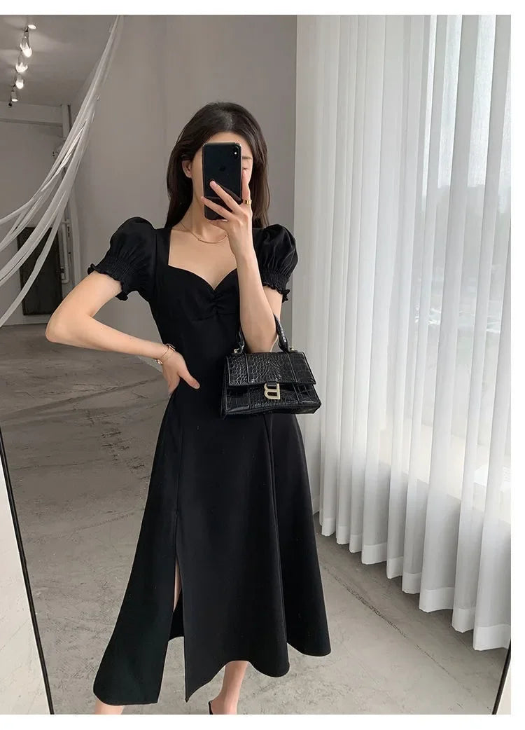 Sweet Vintage French Style Women's Long Dress Summer Hot Sale Of The Season New Bubble Sleeve Square Collar A- Line Split Skirt