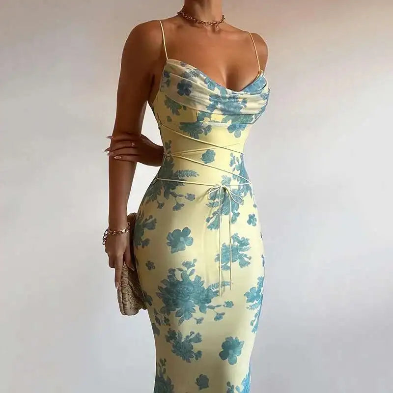 Avrilyaan Pile Collar Print Backless Sexy Dress Women 2024 Elegant Holiday Casual Dress Bodycon Summer Maxi Long Dress Vestido