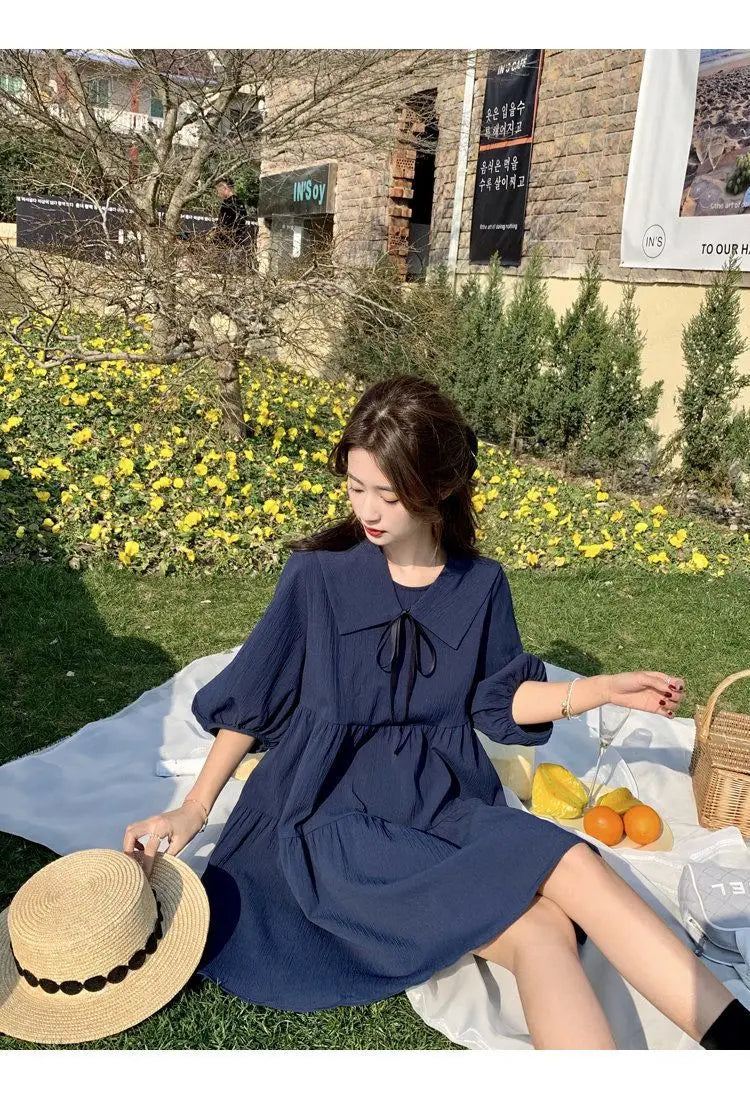 Vintage Pleated Lacing Loose Mini Dress Summer New Half Sleeve Solid Color Sweet Casual Dresses Fashion Korean Women Clothing