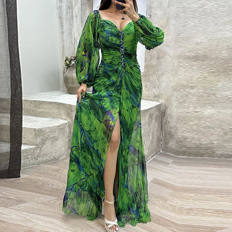 Casual Lantern Long Sleeve Big Hem Long Dress Vintage Tie-dye Print Pleated Party Dress Women Sexy Deep V-neck Waist Split Dress