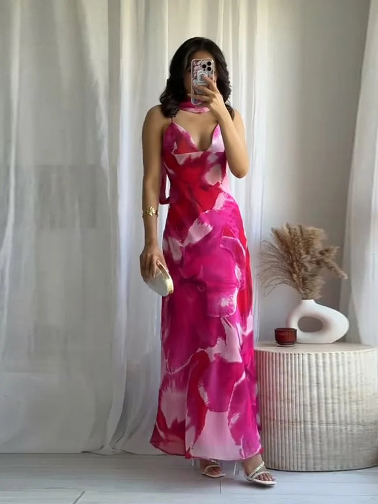 Elegant Printed Tighte Waist Women's Long Dress V-neck Slim A-line Robe 2025 Summer Beach Holiday Style Female's Long Dresses