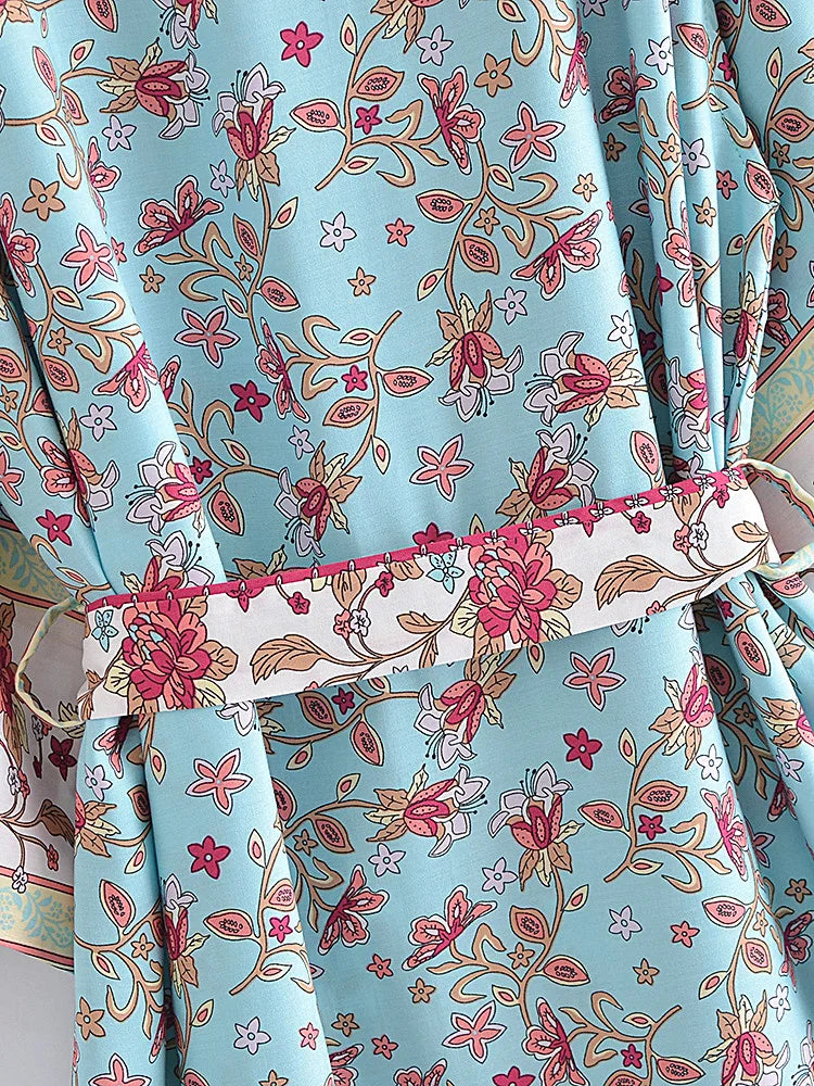 Vintage Chic Women Blue Floral Print Summer Bohemian Kimono Dress Ladies Batwing Sleeves Boho Maxi Bikini Cover-ups Beach Wear