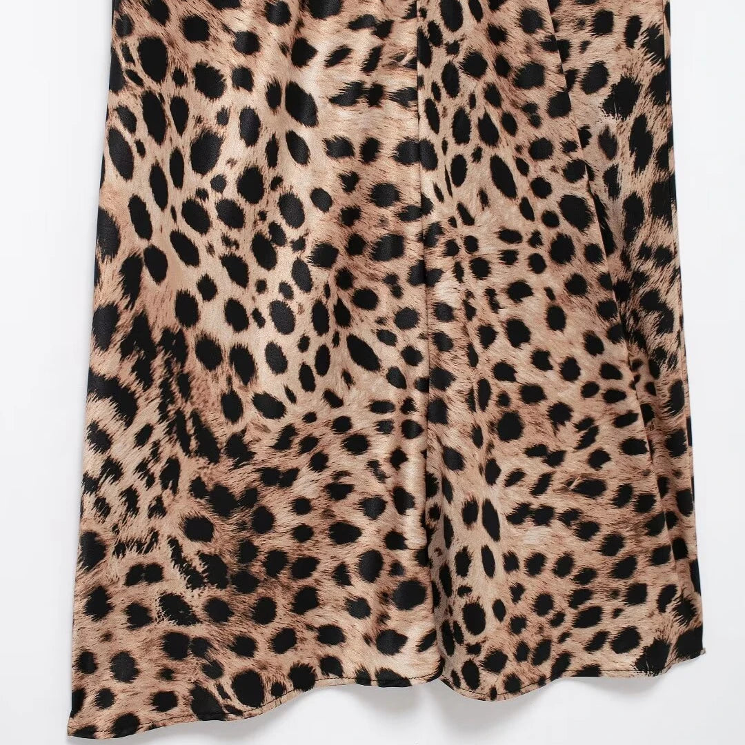 TRAF Women Fashion Summer New Underwear Backless Satin Texture Leopard Print Long Dress Chic Female French Elegance Evening