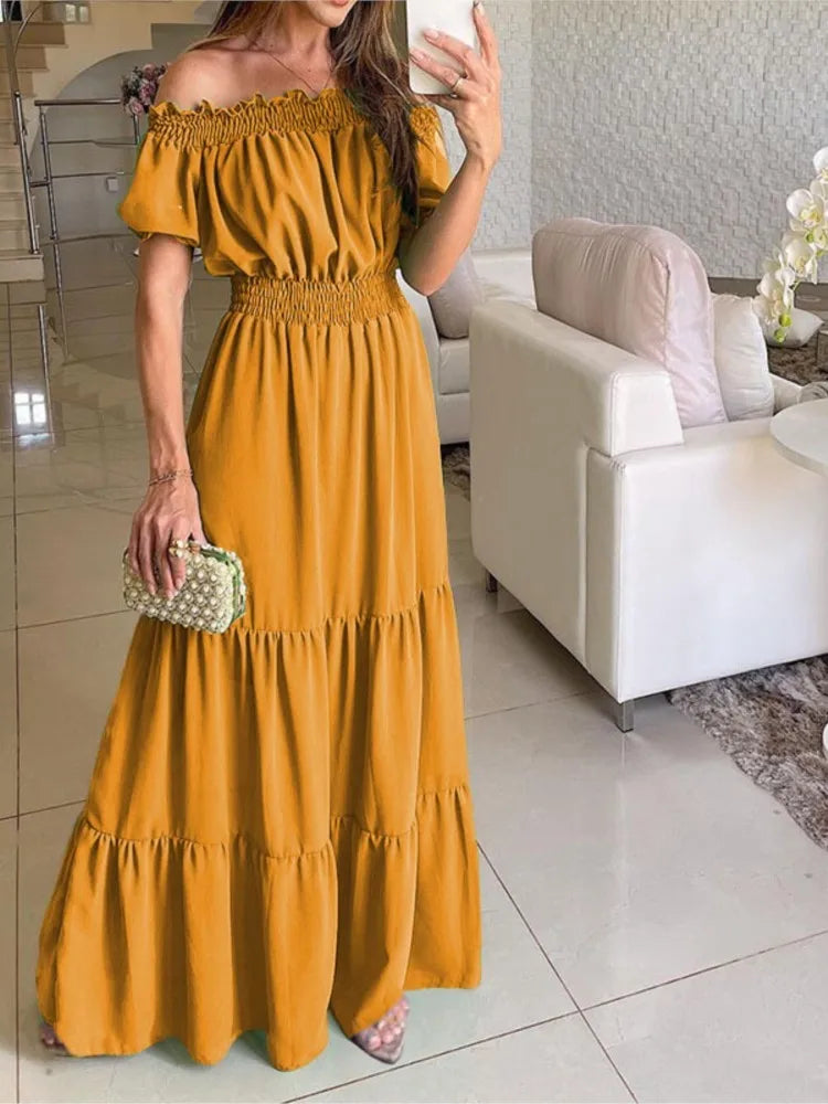 Women's Dress One-line Collar Spring And Summer Short-sleeved New Green Long Dress Fashion Casual Loose Beach Party Dresses Robe