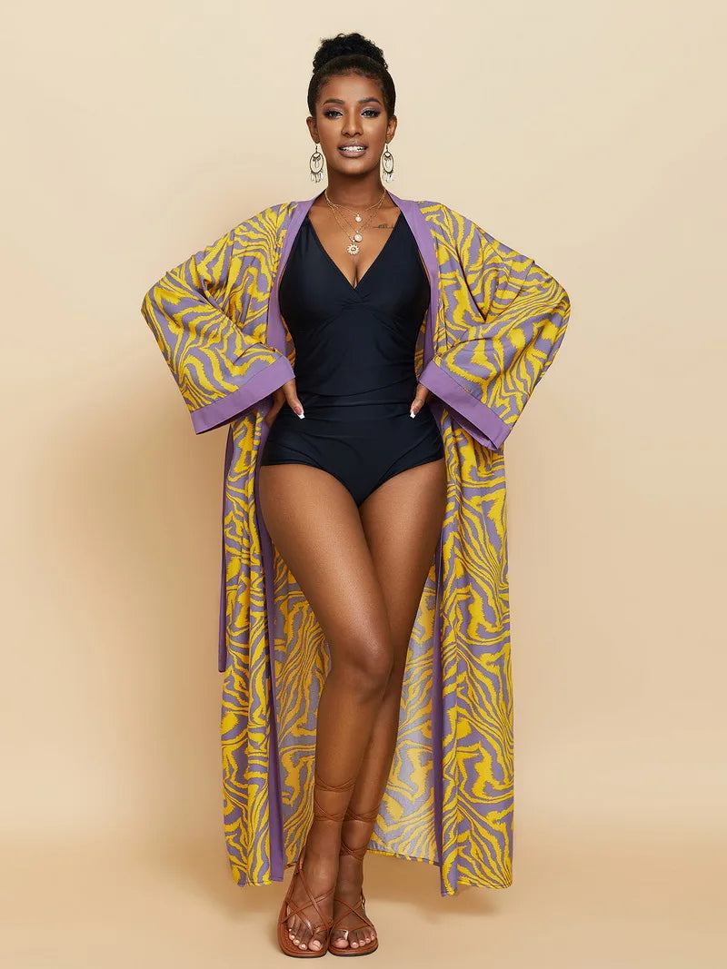 Para Praia Kimono Beach Robe Swimsuit Cover Ups Beachwear Long Flared Sleeve Dress Sarong Women Loose Cardigan Bikini Covers