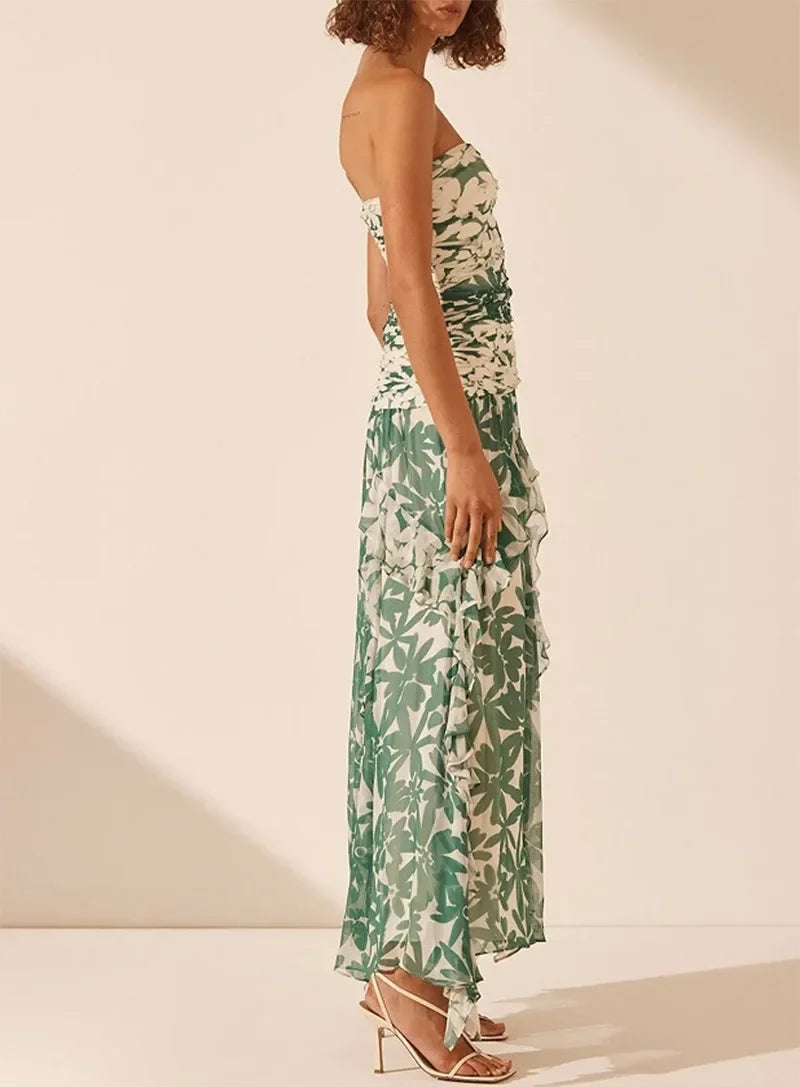 2025spring/summer New Printed Strapless Long Dress with A Stylish Design and Pleated Long Chiffon Dress for Women's Evening Wear