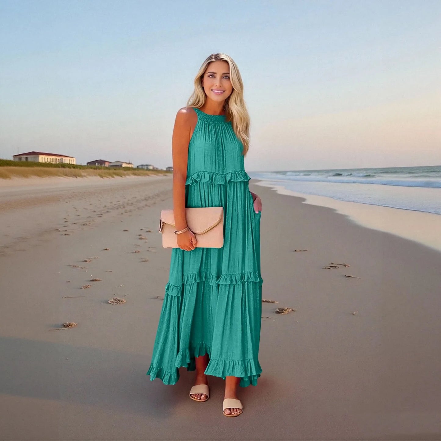 Women's Ruffled hem layered long dresses Summer Sleeveless backless dress Fashion Long Dress Big Swing Beach Dress vestidos