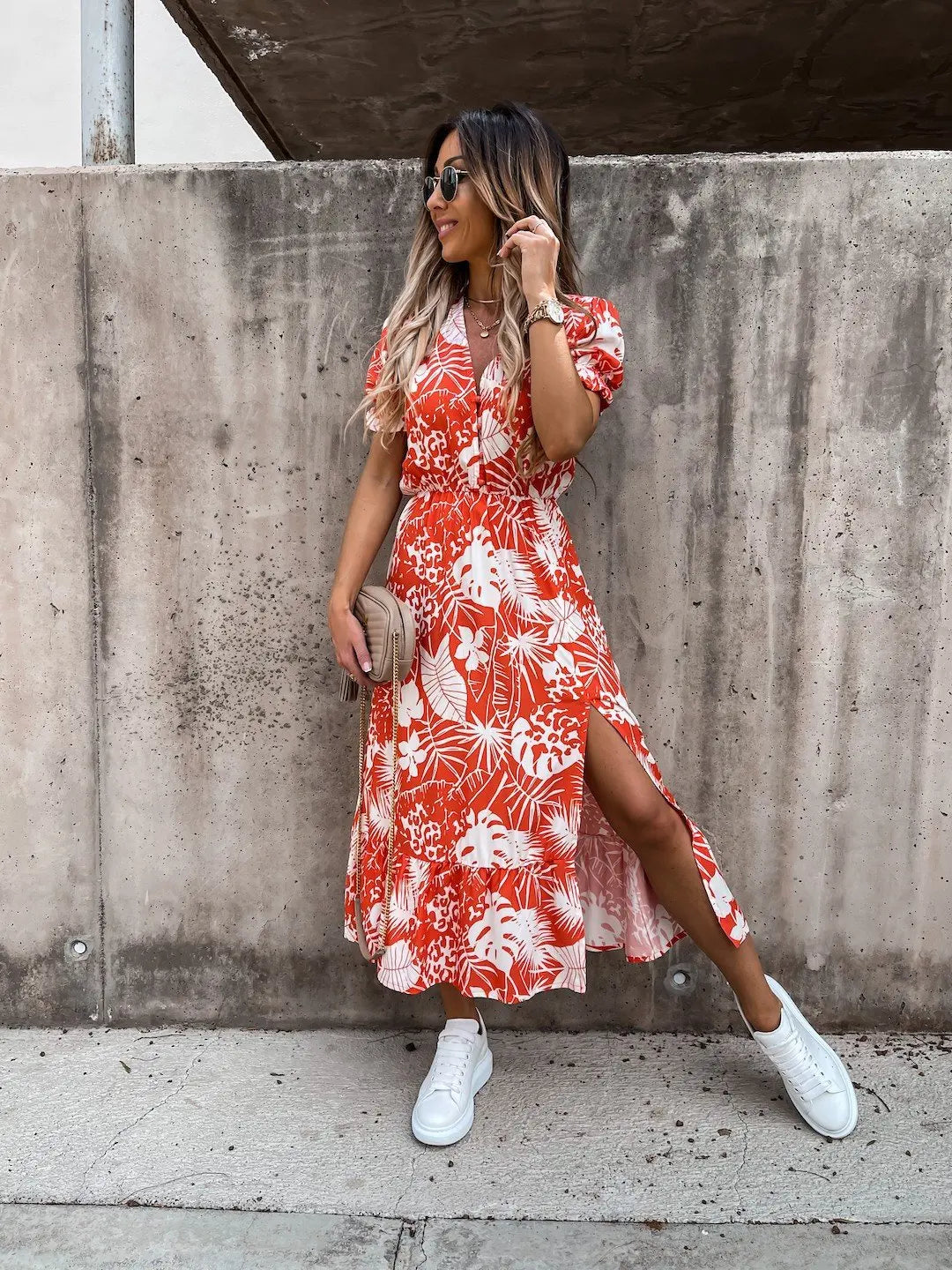 Summer Floral Print Dress Women V Neck Side Slit Long Dress Elegant Short Sleeve Button Slim Spring Female Party Dress Vestidos