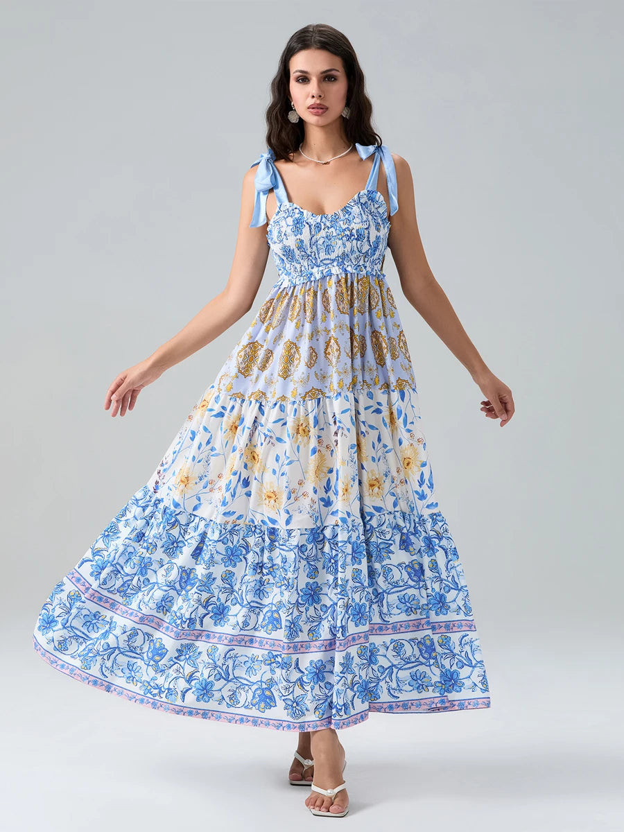 Combhasaki Women's Y2K Vintage Floral Print Ribbon Tie-Up Shoulder Straps Sleeveless V-Neck Summer Big Swing A-line Long Dress
