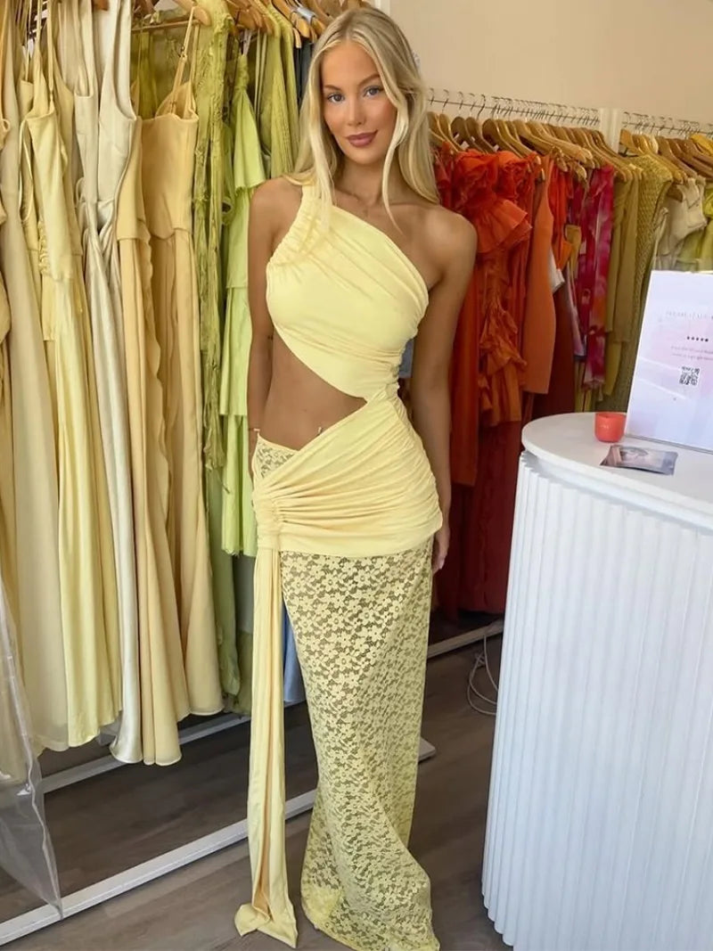Trendix Sexy Lace Vacation Beach Dress Women 2025 Summer Hollow Out Sleeveless Maxi Dresses Off Shoulder Elegant Slim Long Dress