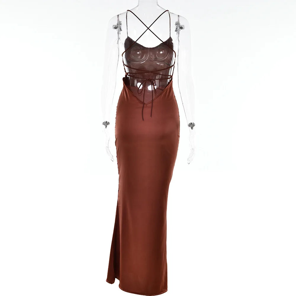 Women's Spaghetti Straps Satin Backless Sexy Dress Summer Beauty Elegant Party Evening Dress Tight Long Dress
