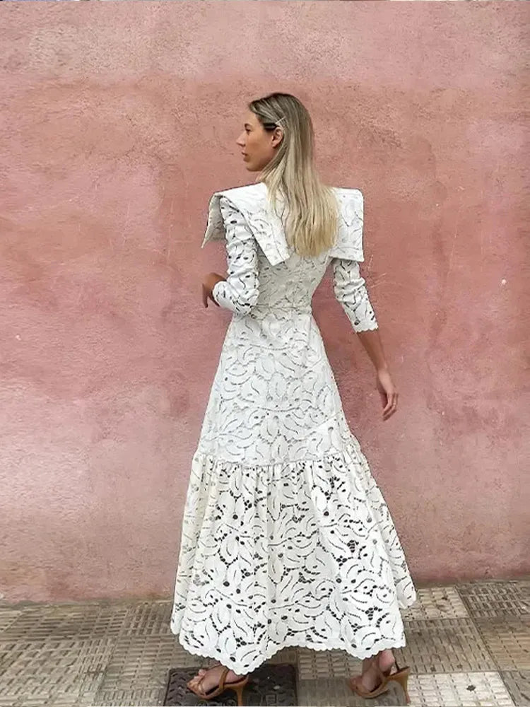 Elegant Lace Hollow Out Long Dress Women High Collar Long Sleeve Slim Solid Dresses 2025 Spring Summer Patchwork Lady Party Robe