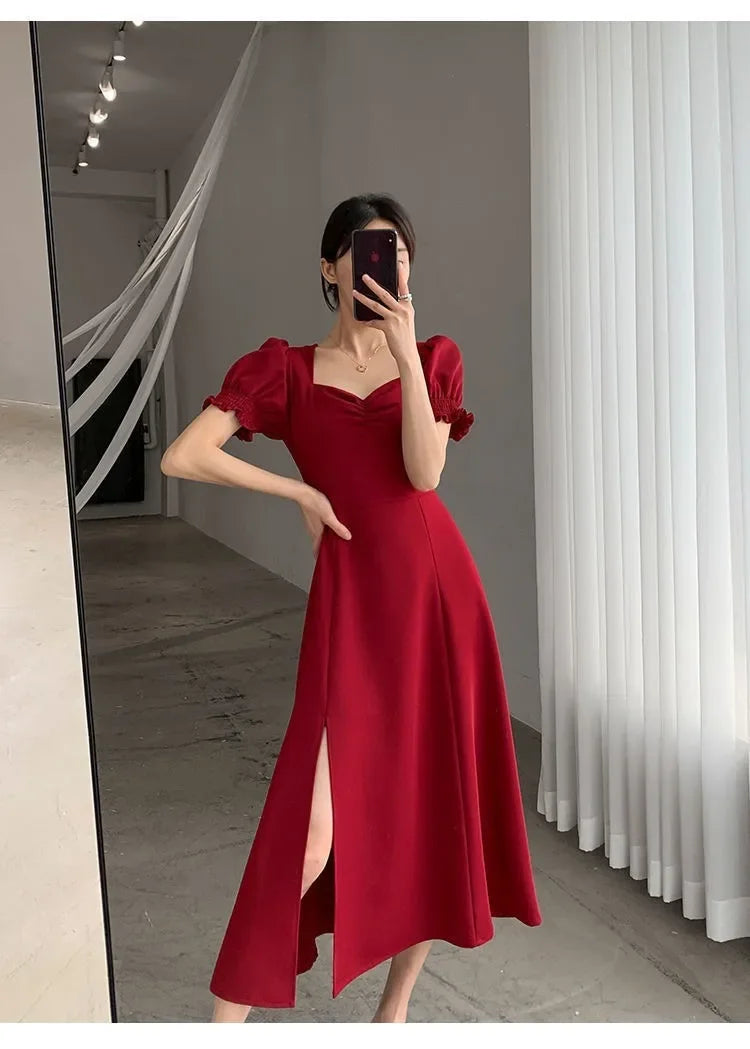 Sweet Vintage French Style Women's Long Dress Summer Hot Sale Of The Season New Bubble Sleeve Square Collar A- Line Split Skirt