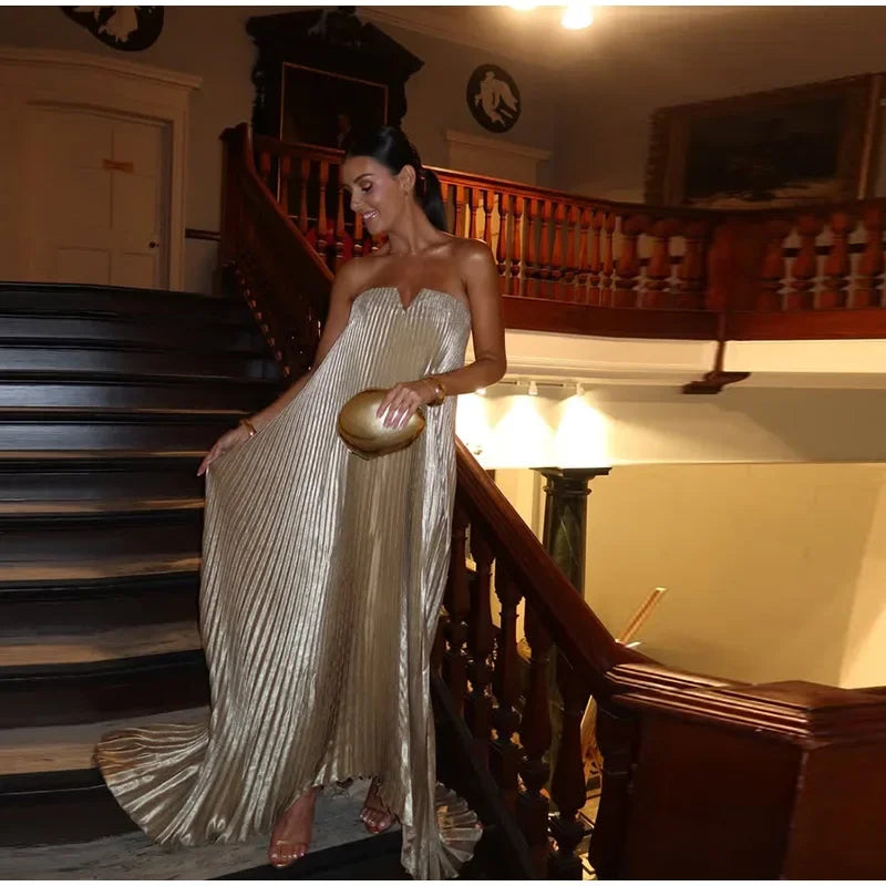 Elegant Pleat Long Dress Women Loose Tube Top Shiny Backless Sleeveless Dresses Female 2025 Summer Lady Party Evening Robes