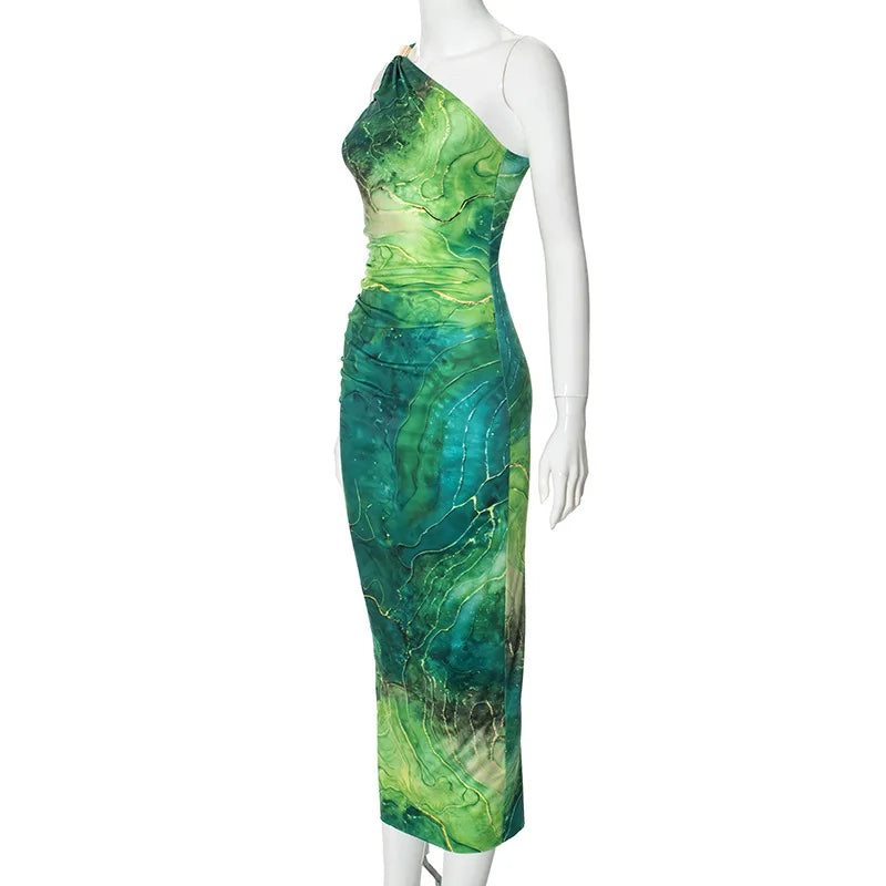 Green Print Long Dress Women Fashion One Shoulder Slim Evening Party Dresses Summer Sexy Backless Ruched Maxi Dress 2024