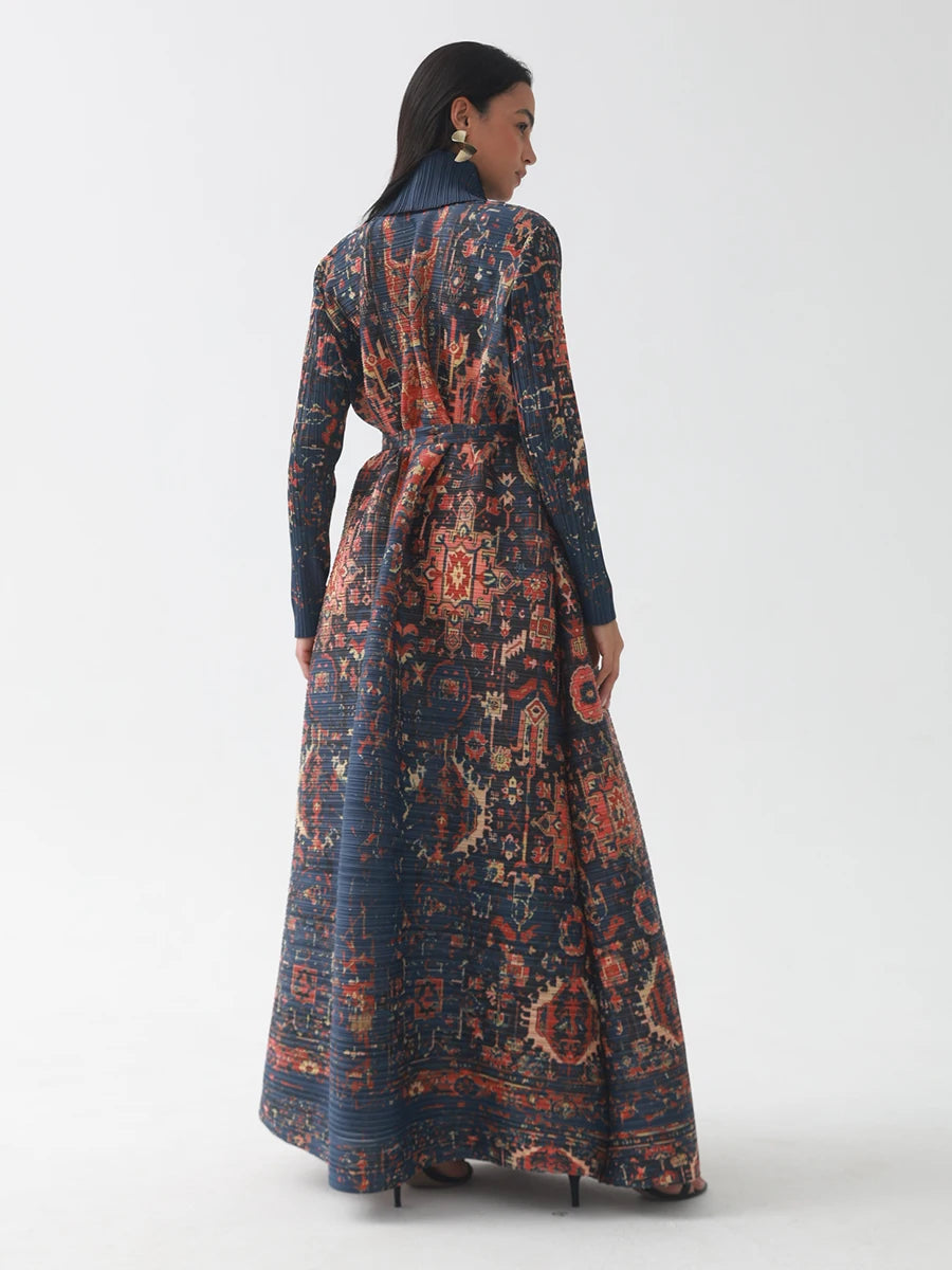 Miyake Pleated V-neck Batwing Sleeve Printed Dress Women Designer Abaya Fashion Summer Elegant Causal Loose Long Dress