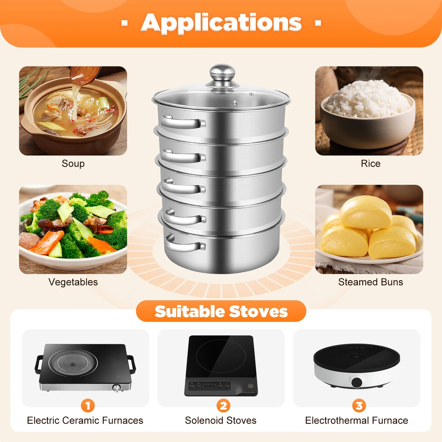 26cm 5-Layer Multifunctional Stainless Steel Steamer Silver For Kitchen Cooking