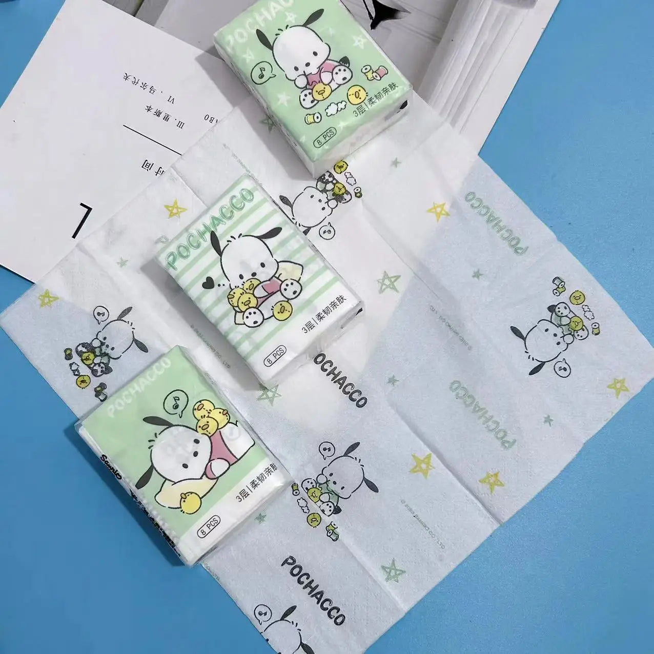 Kawaii Hello Kitty Handkerchief Paper Cartoon Sanrio Pochacco Kitty Printed Napkins Portable Small Pocket Tissues Facial Paper