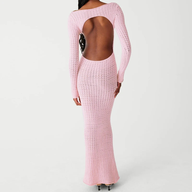 Hawthaw Women 2023 Autumn Winter Long Sleeve Streetwear Knitted Vacation Bodycon Pink Long Dress Wholesale Items For Business