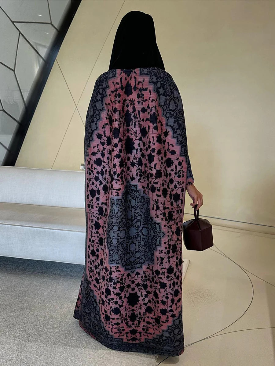 Miyake Pleated V-neck Batwing Sleeve Printed Dress Women Designer Abaya Fashion Summer Elegant Causal Loose Long Dress