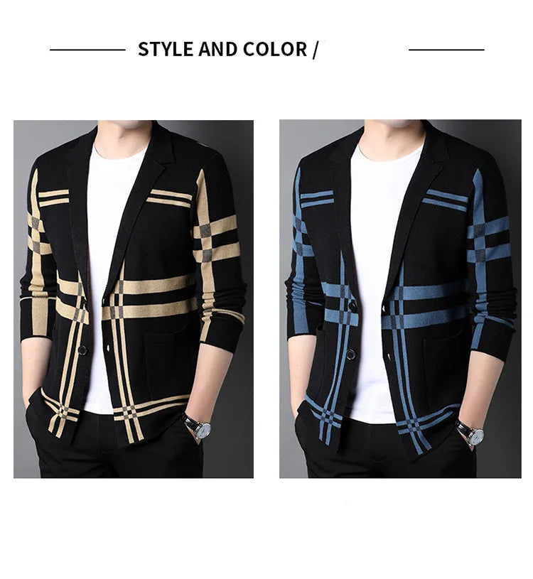 New Men's Spring Korean Knitted Cardigan High-end Brand Fashion Plaid Sweater Coat Male Autumn Leisure Luxury Sweaters