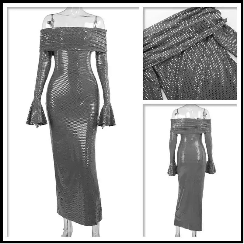 Townlike Elegant Off Shoulder Maxi Long Dress Women 2023 Autumn Winter Dress Sparkle Glittar Nightclub Sexy Party Dresses