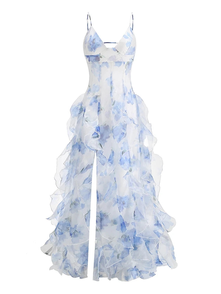 Summer Women Sleeveless Colorful Floral Printing Beach Long Dress Sexy Spaghetti Straps Backless Ruffles Split Dresses Holiday