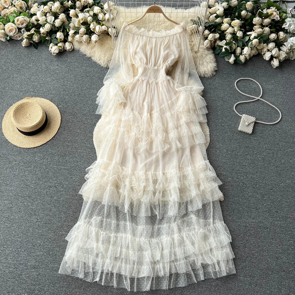 SINGREINY Mesh Party Long Dress Women Ruffle Long Sleeve Slash Neck Elastic Waist French Ladies Summer Elegant A Line Dresses