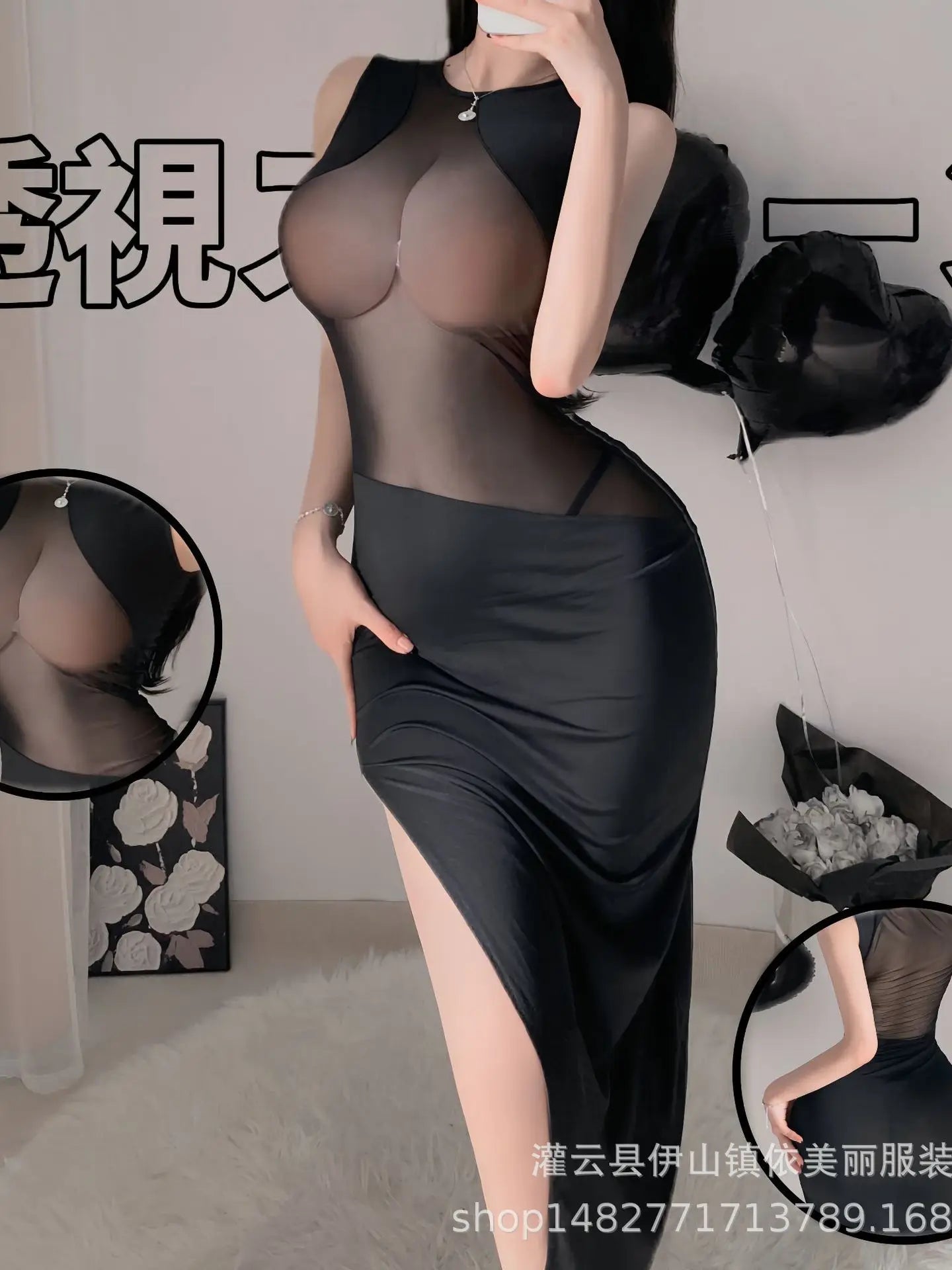 New Style Gauze Breathable Passion Erotic Elegant Fun Sexy Tight Fitting Slit Hollowed Out Long Dress Sheath Nightclub 2NPM